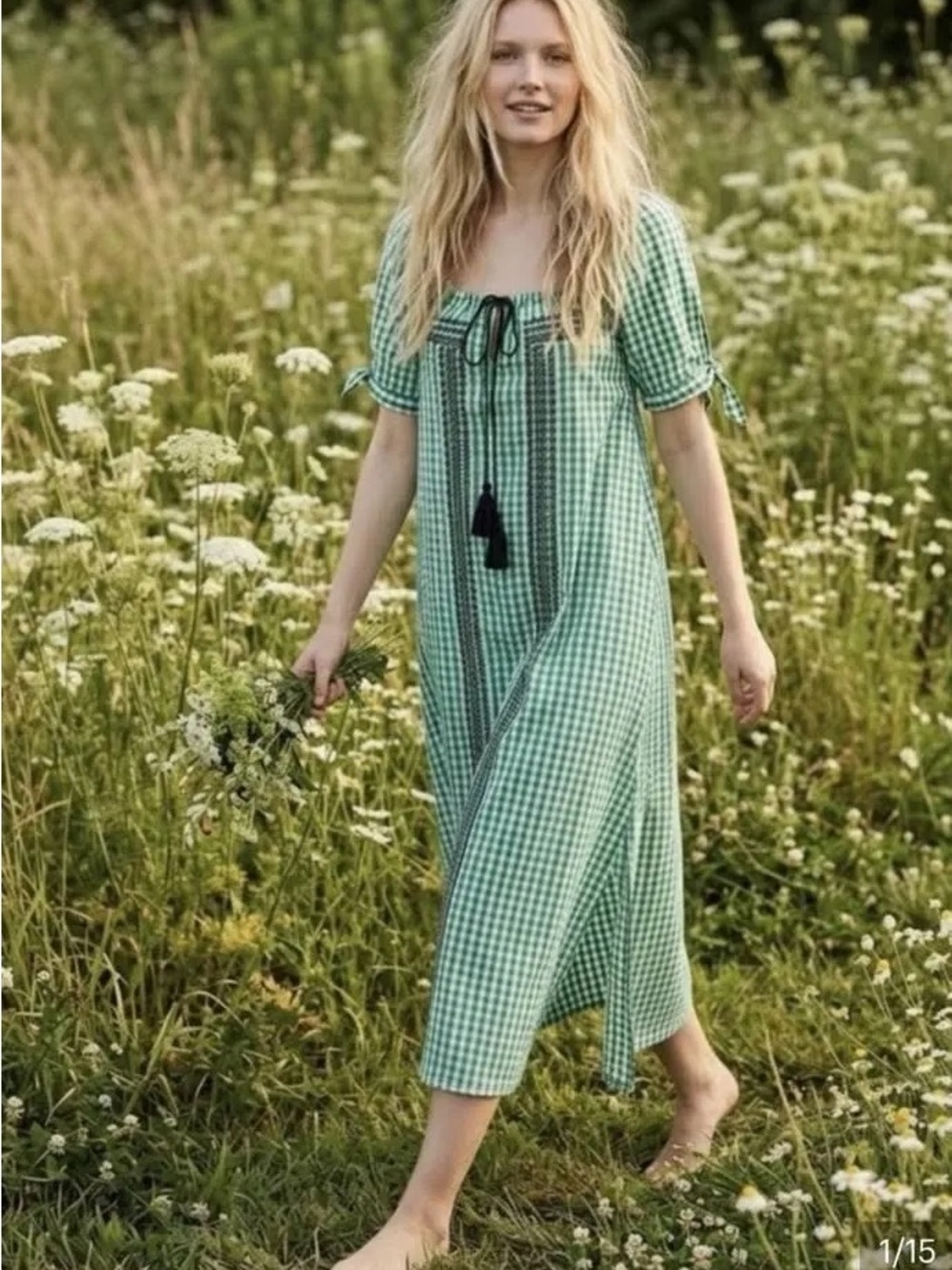 Free People Cass. Green Gingham Midi Dress